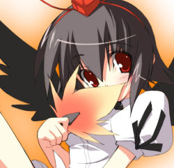 Rule 34 | 1girl, black hair, black wings, blush, covering face, covering own mouth, covering privates, female focus, hand fan, hat, looking at viewer, red eyes, shameimaru aya, short hair, solo, takeda aranobu, tokin hat, touhou, upper body, wings