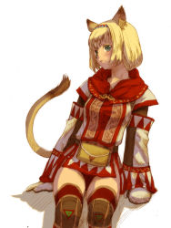 Rule 34 | 00s, 1girl, animal ears, blonde hair, branch (blackrabbits), cat ears, cat girl, cat tail, detached sleeves, final fantasy, final fantasy xi, green eyes, mithra (ff11), mittens, short hair, sitting, solo, surcoat, tabard, tail, thighhighs, underwear, white background, white mage (final fantasy)
