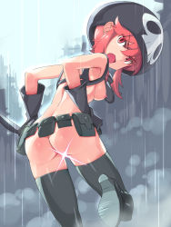 Rule 34 | 10s, 1girl, alternate breast size, ass, belt, black gloves, black thighhighs, blush, boots, breasts, censored, gloves, hat, high heel boots, high heels, highres, jakuzure nonon, kill la kill, knife, looking at viewer, looking back, michairu, nipples, novelty censor, nude, nudist beach uniform, open mouth, pink eyes, pink hair, rain, shako cap, shiny skin, skindentation, solo, sparkle, thigh boots, thighhighs