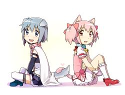 Rule 34 | 10s, 2girls, animal ears, armband, bad id, bad pixiv id, bell, blue eyes, blue hair, bow, cape, cat ears, cat tail, collar, dog ears, dog tail, gloves, hair bow, intertwined tails, kaname madoka, kemonomimi mode, magical girl, mahou shoujo madoka magica, mahou shoujo madoka magica (anime), miki sayaka, multiple girls, neck bell, pink eyes, pink hair, short hair, short twintails, sitting, smile, tail, thighhighs, twintails, yoplait, zettai ryouiki