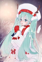 Rule 34 | 1girl, angel wings, antlers, aqua eyes, aqua hair, beret, blurry, bokeh, christmas lights, commentary, depth of field, dress, fake horns, fur-trimmed dress, fur trim, gloves, hat, hatsune miku, highres, horned headwear, horns, large hat, long hair, merry christmas, nishina hima, open mouth, own hands together, red gloves, reindeer antlers, sketch, smile, solo, twintails, very long hair, vocaloid, white dress, white hat, wings