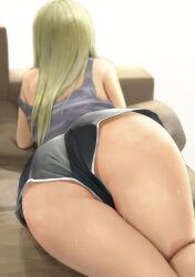 Rule 34 | 1girl, absurdres, ano (gccx8784), arched back, arm support, armpit crease, ass, ass focus, blonde hair, blurry, blurry background, commentary request, couch, depth of field, dolphin shorts, facing away, from behind, grey shirt, gyaru, highres, long hair, lying, no panties, on couch, on stomach, original, partially visible vulva, revision, shirt, short shorts, shorts, simple background, solo, strap slip, sweat, tank top, thighs
