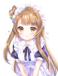 Rule 34 | 1girl, :o, apron, bad id, bad pixiv id, bow, brown eyes, brown hair, collared shirt, commentary, english commentary, formal, green bow, hair bow, leaning forward, long hair, love live!, love live! school idol project, maid, maid apron, maid headdress, minami kotori, nami (nyaa), one side up, parted lips, puffy short sleeves, puffy sleeves, shirt, short sleeves, signature, simple background, solo, suit, upper body, very long hair, white apron, white background, white shirt, white suit