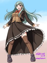 Rule 34 | 1girl, adapted costume, aqua hair, black footwear, blazer, blue background, brown skirt, brown thighhighs, cardigan, character name, frilled skirt, frills, full body, gradient background, green eyes, hair ornament, hairclip, jacket, kantai collection, loafers, long hair, long skirt, long sleeves, looking at viewer, open clothes, open jacket, open mouth, pink background, pleated skirt, remodel (kantai collection), shoes, skirt, solo, standing, suzuya (kancolle), tatsumi ray, thighhighs, twitter username