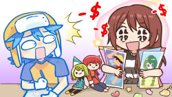 1boy 1girl blue_hair coco_(tongari_boushi_no_atelier) colored_pencil commentary daidus_(character) dollar_sign emirichu emirichu_(character) english_commentary gloves gradient_background holding indie_virtual_youtuber otaku pale_skin pencil ranma_1/2 real_life shirt sparkling_eyes star_sticker sticker striped_clothes stuffed_toy tongari_boushi_no_atelier virtual_youtuber white_gloves