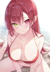 Rule 34 | 1girl, bikini, breasts, closed mouth, collarbone, commentary request, earrings, hair between eyes, hair down, heart, heart earrings, heterochromia, hololive, houshou marine, houshou marine (summer), jewelry, large breasts, long hair, looking at viewer, navel, red bikini, red eyes, sitting, smile, solo, swimsuit, taracomax, thighs, virtual youtuber, yellow eyes