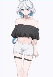 Rule 34 | 1girl, ahoge, alternate costume, bare shoulders, black shirt, blue eyes, blue hair, colored inner hair, commentary, crop top, feet out of frame, furina (genshin impact), genshin impact, grey background, hair intakes, highres, long hair, looking at viewer, midriff, multicolored hair, navel, no headwear, off-shoulder shirt, off shoulder, omotizu, shirt, short shorts, short sleeves, shorts, simple background, solo, standing, stomach, thigh strap, thighs, very long hair, white hair, white shorts