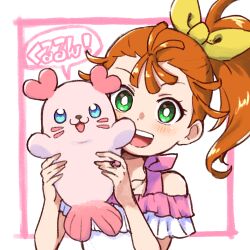 Rule 34 | 1girl, animal, bright pupils, casual, commentary, frilled shirt, frills, green eyes, hair pulled back, hair ribbon, holding, holding animal, jewelry, kururun (precure), medium hair, natsuumi manatsu, off-shoulder shirt, off shoulder, open mouth, orange hair, piku (another pikuru), precure, ribbon, ring, shirt, side ponytail, smile, solo, translated, tropical-rouge! precure, white pupils, white shirt, yellow ribbon