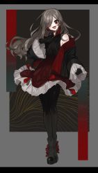 Rule 34 | 1girl, ankle boots, bad id, bad pixiv id, bare shoulders, black gloves, black pantyhose, blush, boots, border, breasts, covering one eye, dress, earrings, fangs, frilled dress, frilled skirt, frilled sleeves, frills, full body, gloves, grey hair, hair over one eye, hand on own chest, happy, highres, jacket, jewelry, long hair, long sleeves, looking at viewer, lunch (lunchicken), off shoulder, open clothes, open jacket, open mouth, original, pantyhose, parted bangs, red eyes, red skirt, skirt, sleeveless, sleeveless dress, sleeves past fingers, sleeves past wrists, smile, solo, standing, wide sleeves