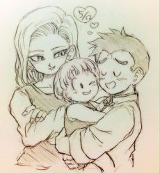 Rule 34 | 1boy, 2girls, ;), android 18, black hair, black shirt, blush, carrying, cheek-to-cheek, child, chinese clothes, closed eyes, crossed arms, dragon ball, dragonball z, dress, earrings, family, father and daughter, happy, heads together, heart, husband and wife, jewelry, kuririn, long sleeves, looking at another, marron (dragon ball), monochrome, mother and daughter, multiple girls, one eye closed, open mouth, shirt, short hair, simple background, smile, tkgsize