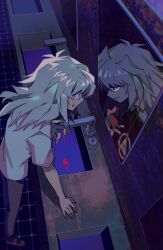 Rule 34 | 1boy, bakura ryou, bathroom, coughing blood, dark persona, different reflection, evil smile, eye contact, from above, full body, highres, long hair, looking at another, male focus, millennium ring, red eyes, reflection, shirt, smile, standing, sunanogimo, sweat, nervous sweating, white hair, yami bakura, yu-gi-oh!, yu-gi-oh! duel monsters