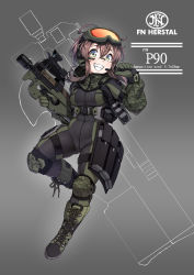 Rule 34 | 1girl, bodysuit, boots, breasts, bullpup, camouflage, combat boots, combat knife, commentary request, cross-laced footwear, english text, fn herstal, gloves, goggles, goggles on head, grin, gun, hair between eyes, headset, highres, holding, holding gun, holding weapon, horizontal magazine, knee pads, knife, konoshige (ryuun), lace-up boots, looking at viewer, muzzle device, original, p90, personal defense weapon, pouch, scope, see-through, sheath, sheathed, short hair, short hair with long locks, skin tight, smile, solo, submachine gun, translucent, weapon