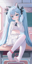 Rule 34 | 1girl, absurdres, analog clock, animal ears, arm support, ascot, azur lane, black ascot, black ribbon, blue eyes, blue hair, blush, book, book stack, cat ears, chalkboard, chinese commentary, classroom, clock, closed mouth, collar, commentary request, cropped shirt, desk, feet, french text, hair ribbon, head tilt, highres, indoors, janus (azur lane), janus (fear of changing...clothes) (azur lane), kemonomimi mode, light smile, long hair, long sleeves, looking at viewer, navel, no shoes, o-ring collar, on desk, pantyhose, pink collar, pleated skirt, ribbon, school desk, sheng taoren, shirt, single ankle cuff, sitting, skirt, solo, stomach, toes, translated, twintails, unworn collar, very long hair, white pantyhose, white shirt, white skirt, window