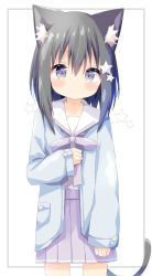 Rule 34 | 1girl, absurdres, animal ear fluff, animal ears, black hair, blue jacket, blush, bow, cat ears, cat girl, cat tail, closed mouth, commentary request, grey eyes, hair between eyes, hair ornament, hand up, highres, jacket, long hair, long sleeves, looking at viewer, nakkar, open clothes, open jacket, original, pleated skirt, purple bow, purple skirt, sailor collar, school uniform, serafuku, shirt, skirt, sleeves past wrists, smile, solo, standing, star (symbol), star hair ornament, tail, white background, white sailor collar, white shirt