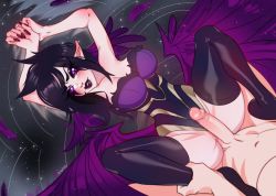Rule 34 | 1boy, 1girl, arms up, black hair, black lips, black thighhighs, blush, breasts, cleavage, clothed female nude male, demon girl, demon wings, feathers, fingernails, head out of frame, hetero, highres, ilwha, imminent penetration, large breasts, league of legends, leotard, lying, morgana (league of legends), nail polish, navel, nude, on back, penis, pink eyes, pointy ears, sharp fingernails, shiny skin, smile, teeth, testicles, thighhighs, water, wings