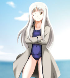 Rule 34 | 00s, 1girl, azumaya hironaru, cinque (nanoha), coat, crossed arms, jacket, jacket over swimsuit, long hair, lyrical nanoha, mahou shoujo lyrical nanoha, mahou shoujo lyrical nanoha strikers, missing eye, no eyepatch, numbers (nanoha), one-piece swimsuit, one eye closed, school swimsuit, solo, swimsuit, trench coat, white hair, wink, yellow eyes