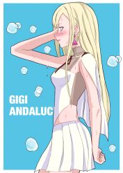 Rule 34 | 1girl, arm up, blonde hair, blue background, blue eyes, blush, border, breasts, cape, clothing cutout, collar, commentary, dripping, earrings, gigi andalusia, gundam, gundam hathaway&#039;s flash, highres, jewelry, looking ahead, parted lips, profile, simple background, skirt, sleeveless, small breasts, steam, stomach cutout, sweat, upper body, white border, yu ki ruta60