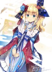 Rule 34 | 1girl, :3, apron, bad id, bad pixiv id, blonde hair, blue bow, blue flower, blue kimono, blunt bangs, blush, bow, flower, furisode, green eyes, hair bow, hair ornament, heart, japanese clothes, kimono, long hair, long sleeves, looking at viewer, mononobe alice, mononobe alice (new year), mouse (animal), nekopote, new year, nijisanji, one side up, red bow, signature, smile, solo, striped clothes, striped kimono, very long hair, virtual youtuber, white apron, wide sleeves