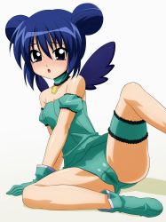Rule 34 | 00s, 1girl, :o, absurdres, aizawa mint, arm garter, bare shoulders, bird wings, blue eyes, blue hair, blush, boots, bridal garter, cameltoe, choker, cleft of venus, covered erect nipples, double bun, female focus, gloves, hair bun, highres, jewelry, leg lift, leotard, magical girl, matching hair/eyes, mew mint, open mouth, panties, pendant, pussy juice stain, simple background, sitting, solo, spread legs, sugimura tomokazu, teal dress, teal panties, tears, tokyo mew mew, underwear, wet, wet clothes, wet panties, white background, wings