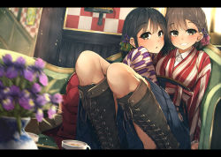 Rule 34 | 2girls, :o, arm support, black hair, blue hakama, blurry, blurry background, blurry foreground, blush, boots, braid, breasts, brown eyes, brown footwear, brown hair, checkered wall, collared shirt, commentary request, couch, cross-laced footwear, depth of field, dress shirt, flower, green eyes, hair between eyes, hair ornament, hakama, hakama short skirt, hakama skirt, highres, japanese clothes, kimono, knee boots, lace-up boots, looking at viewer, medium breasts, multiple girls, on couch, original, parted lips, purple flower, red hakama, rerrere, shirt, sitting, skirt, vase, white shirt, yagasuri