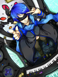 Rule 34 | 1boy, :q, bad id, bad pixiv id, blindfold, blue hair, from above, highres, instrument, kaito (vocaloid), keyboard (instrument), male focus, scarf, smile, solanin (artist), solanin (konomikann), solo, tongue, tongue out, vocaloid