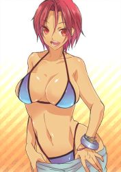 Rule 34 | 10s, 1girl, bikini, bracelet, breasts, clothes pull, dark skin, fang, free!, genderswap, genderswap (mtf), highleg, highleg bikini, highleg swimsuit, jewelry, large breasts, matsuoka rin, memeo (candy house), open mouth, pants, pants pull, pulling own clothes, red eyes, red hair, short hair, smile, swimsuit, tan