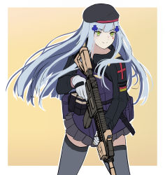 Rule 34 | 1girl, 3 small spiders, absurdres, ammunition belt, assault rifle, beret, black hat, black thighhighs, blue hair, closed mouth, crossed bangs, feet out of frame, german flag, girls&#039; frontline, gloves, green eyes, gun, h&amp;k hk416, hat, highres, hk416 (girls&#039; frontline), holding, holding gun, holding weapon, long hair, looking away, rifle, simple background, solo, standing, tactical clothes, teardrop facial mark, teardrop tattoo, thighhighs, uniform, weapon, white gloves