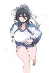 Rule 34 | 1girl, absurdres, black choker, black hair, blue archive, blue shorts, blush, breasts, choker, closed eyes, hair between eyes, hasumi (blue archive), hasumi (track) (blue archive), highres, jacket, koio, large breasts, long hair, long sleeves, looking at viewer, open clothes, open jacket, open mouth, ponytail, running, running towards viewer, shirt, shorts, simple background, solo, sweat, white background, white shirt