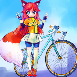 Rule 34 | animal ear fluff, animal ears, bicycle, bike shorts, blue eyes, blush, borrowed character, compression sleeve, fox ears, fox tail, full body, gloves, hair over eyes, highres, long hair, looking at viewer, miniskirt, original, outdoors, red hair, road, road bicycle, shorts, skirt, sky, smile, solo, standing, tail, thighhighs, tsukiyono aroe, v, white thighhighs, windbreaker, zettai ryouiki