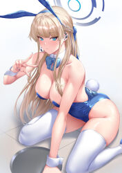 Rule 34 | 1girl, animal ears, bare shoulders, blonde hair, blue archive, blue eyes, blue leotard, breasts, cleavage, commentary, detached collar, earpiece, fake animal ears, fake tail, hair ribbon, halo, highleg, highleg leotard, large breasts, leotard, long hair, looking at viewer, official alternate costume, playboy bunny, rabbit ears, rabbit tail, ribbon, sitting, solo, strapless, strapless leotard, tail, thighhighs, toki (blue archive), toki (bunny) (blue archive), very long hair, wariza, white thighhighs, wrist cuffs, zucchini