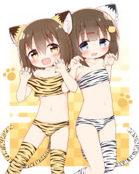 Rule 34 | 2girls, :d, absurdres, animal ear fluff, animal ears, animal print, ayanepuna, bare shoulders, blue eyes, blush, brown eyes, brown hair, chinese zodiac, claw pose, collarbone, commentary request, crop top, egasumi, fang, feet out of frame, hair between eyes, hair ornament, hairclip, hands up, highres, locked arms, mana (ayanepuna), multiple girls, navel, off-shoulder shirt, off shoulder, open mouth, original, print legwear, print shirt, shirt, smile, standing, tail, thighhighs, tiger ears, tiger girl, tiger print, tiger tail, white legwear, year of the tiger, yellow legwear