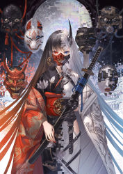 Rule 34 | 1girl, absurdly long hair, asymmetrical clothes, black hair, blue eyes, covered mouth, distortion, earrings, fingernails, floating, floating object, fox mask, heterochromia, highres, hip vent, holding, holding sword, holding weapon, horns, japanese clothes, jewelry, katana, kimono, long hair, looking at viewer, makai no juumin, mask, moon, mouth mask, multicolored hair, nail polish, noh mask, oni mask, original, red eyes, red nails, scabbard, sheath, sheathed, single earring, single horn, sword, two-tone hair, very long hair, weapon, white hair, wide sleeves