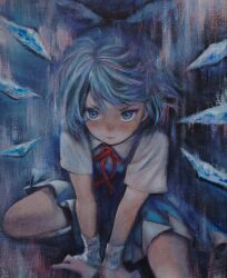 Rule 34 | 1girl, absurdres, between legs, blue bow, blue dress, blue eyes, blue hair, blush, bow, cirno, closed mouth, dark background, dress, hair bow, hand between legs, highres, ice, ice wings, looking at viewer, oil painting (medium), painting (medium), pinafore dress, shirt, short hair, sleeveless, sleeveless dress, squatting, svveetberry, touhou, traditional media, v-shaped eyebrows, white shirt, wings