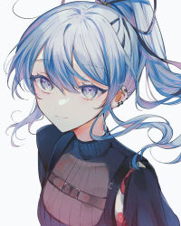 Rule 34 | 1girl, absurdres, black ribbon, blue eyes, blue hair, chest belt, closed mouth, dress, earrings, floral print, hair between eyes, hair ribbon, high ponytail, highres, hololive, hoshimachi suisei, hoshimachi suisei (shout in crisis), jewelry, kenpin, light smile, long hair, looking at viewer, multiple earrings, ponytail, ribbon, sidelocks, simple background, solo, star (symbol), star in eye, symbol in eye, turtleneck, turtleneck dress, upper body, virtual youtuber, white background