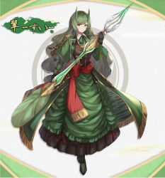 Rule 34 | black gloves, bow, bowtie, breasts, brown eyes, capelet, commentary request, dolce (dolsuke), dress, full body, gloves, green bow, green bowtie, green capelet, green dress, green ribbon, highres, holding, holding polearm, holding spear, holding weapon, horns, large breasts, looking at viewer, oni, oni horns, original, polearm, ribbon, smile, solo, spear, standing, swept bangs, tagme, translation request, waist cape, weapon