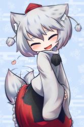 Rule 34 | 1girl, animal ears, bad id, bad twitter id, blush, fang, hat, heart, inubashiri momiji, inunoko., open mouth, own hands together, signature, skirt, smile, solo, tail, tail wagging, tokin hat, touhou, wolf ears