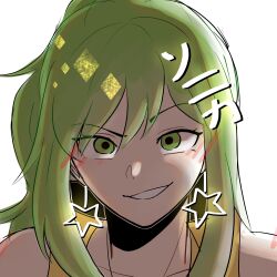 Rule 34 | 1girl, bare shoulders, close-up, collarbone, diamond (shape), drawn earrings, earrings, green eyes, green hair, highres, jewelry, lexshiroji, light blush, looking at viewer, ponytail, shirt, sidelocks, simple background, sleeveless, sleeveless shirt, smile, solo, sonika, star (symbol), star earrings, vocaloid, white background, yellow shirt