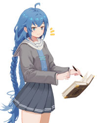Rule 34 | 1girl, :3, ahoge, alternate universe, blue eyes, blue hair, blue necktie, blue ribbon, book, braid, contemporary, eyebrows hidden by hair, feet out of frame, flat chest, floating, floating book, floating object, grey shirt, grey skirt, hair ribbon, highres, holding, holding pen, long bangs, looking at viewer, mushoku tensei, necktie, pen, pleated skirt, ribbon, roxy migurdia, school uniform, shirt, simple background, skirt, solo, tenkiraku, twin braids, white background, writing