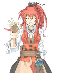 Rule 34 | 1girl, ^ ^, atelier (series), atelier annie, belt, belt pouch, blush, braid, closed eyes, dress shirt, female focus, fingerless gloves, gloves, grin, gust, hair between eyes, hair over breasts, hair ribbon, happy, lisette lander, long hair, looking at viewer, lowres, official art, ok sign, ponytail, pouch, red hair, ribbon, shirt, sidelocks, simple background, skirt, sleeves rolled up, smile, solo, standing, turtleneck, upper body, vest, watanuki nao, white background