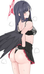 Rule 34 | 1girl, ass, black bra, black gloves, black hair, black panties, black skirt, black wings, blue archive, blush, bra, breasts, closed eyes, closed mouth, gloves, hair ornament, hairclip, halo, highres, ichika (blue archive), long hair, medium breasts, panties, red halo, simple background, skirt, smile, solo, sweat, thong, tsumayouji (tumayog), underwear, white background, wings