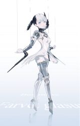 Rule 34 | arm blade, athletic leotard, backless dress, backless outfit, ballet dress, bambinata: vitrum (swan lake) (punishing: gray raven), bambinata (punishing: gray raven), black collar, black hair, blue eyes, blunt bangs, braided hair rings, character name, collar, commentary, detached collar, dress, english commentary, feather hair ornament, feathers, freckles, full body, gradient background, hair ornament, heart, heart-shaped pupils, highres, leotard, marionette, mechanical arms, mechanical legs, mechanical parts, nane ae, official alternate costume, petite, punishing: gray raven, puppet, puppet strings, reflective floor, solo, symbol-shaped pupils, weapon, white dress, white hair