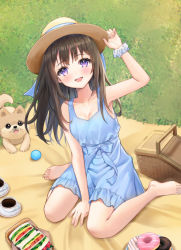 Rule 34 | 1girl, :d, absurdres, adjusting clothes, adjusting headwear, arm up, armpits, bad id, bad pixiv id, bare legs, barefoot, black tea, blue dress, blurry, breasts, carpet, cleavage, collarbone, commentary, cup, depth of field, doughnut, dress, english commentary, eyes visible through hair, food, from above, grass, hair between eyes, hat, hat ribbon, highres, hue oo, long hair, looking at viewer, looking up, open mouth, original, picnic, picnic basket, plate, ribbon, sandwich, scrunchie, shiba inu, sidelocks, sitting, sleeveless, sleeveless dress, smile, sun hat, tea, teacup, toes, wariza, wrist scrunchie