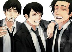 Rule 34 | 3boys, aldo (chainsaw man), black hair, black jacket, black necktie, brothers, chainsaw man, cigarette, cigarette in nose, formal, holding, holding cigarette, jacket, joey (chainsaw man), laughing, looking at viewer, looking to the side, multiple boys, necktie, open mouth, scar, scar across eye, sealc4nfly, shirt, short hair, siblings, simple background, smile, smoke, smoking, suit, unnamed eldest brother (chainsaw man), white background, white shirt