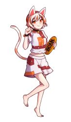 Rule 34 | 1girl, :3, animal ears, barefoot, bell, brown hair, cat ears, cat girl, cat tail, collar, commentary, english commentary, full body, goutokuji mike, highres, jingle bell, looking at viewer, midriff peek, multicolored hair, neck bell, orange eyes, orange hair, paw pose, short hair, short sleeves, skirt, smile, solo, speckticuls, standing, standing on one leg, streaked hair, tail, touhou, transparent background, unconnected marketeers, white hair, wristband