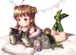 Rule 34 | 1girl, :q, asymmetrical legwear, bad id, bad pixiv id, bare shoulders, bed, black choker, black dress, black gloves, blush, bow, brown hair, brown jacket, camouflage, camouflage jacket, character doll, choker, closed mouth, collarbone, commentary, double bun, dress, fingerless gloves, foreign blue, fur-trimmed jacket, fur trim, girls&#039; frontline, gloves, green bow, green eyes, hair bun, handheld game console, highres, holding, holding handheld game console, jacket, k2 (girls&#039; frontline), kneehighs, legs up, long hair, long sleeves, lying, mismatched legwear, no shoes, on stomach, open clothes, open jacket, pillow, puffy long sleeves, puffy sleeves, rfb (girls&#039; frontline), side bun, sleeveless, sleeveless dress, sleeves past wrists, smile, socks, soles, solo, striped clothes, striped socks, suomi (girls&#039; frontline), tongue, tongue out, vertical-striped clothes, vertical-striped socks, very long hair, white background