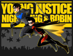 Rule 34 | 2boys, batman (series), belt, black hair, brothers, cape, character name, copyright name, dc comics, dick grayson, domino mask, escrima stick, family, ginkun, gloves, highres, jojody, jumping, male focus, mask, multiple boys, nightwing, pixiv sample, resized, robin (dc), siblings, silverly, smile, staff, tim drake, utility belt, weapon, young justice: invasion