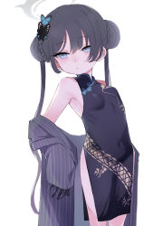 Rule 34 | 1girl, absurdres, black dress, black gloves, black hair, blue archive, blue eyes, breasts, butterfly hair ornament, china dress, chinese clothes, commentary request, covered navel, double bun, dress, gloves, hair bun, hair ornament, halo, highres, kisaki (blue archive), looking to the side, parted lips, print dress, sleeveless, sleeveless dress, small breasts, solo, utsusumi kio