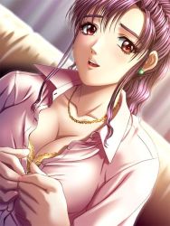 Rule 34 | 1girl, blouse, bra, breasts, buttons, chain, earrings, eyebrows, game cg, ijichi miho, jewelry, large breasts, lips, lipstick, long hair, makeup, nail, open mouth, pink eyes, pink hair, purple hair, shirt, sitting, smile, sodom no shima: night of blind, solo, teeth, underwear