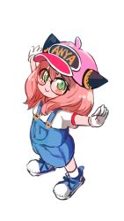 Rule 34 | 1girl, anya (spy x family), blush, child, cosplay, dr. slump, glasses, gloves, green eyes, higemu, looking at viewer, medium hair, norimaki arale (cosplay), pink hair, simple background, smile, solo, spy x family, white background