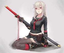 Rule 34 | 1girl, :d, absurdres, armor, armored boots, belt, boots, eyeliner, gauntlets, gradient background, grey hair, grey thighhighs, highres, horns, katana, long hair, looking at viewer, makeup, open mouth, original, pleated skirt, pouch, red eyes, school uniform, serafuku, sheath, sheathed, sitting, skirt, smile, solo, sword, thighhighs, wariza, weapon, xue feng, zettai ryouiki